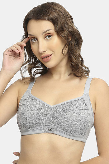 Buy Soie Double Layered Non Wired Full Coverage Lace Bra - Ash Grey